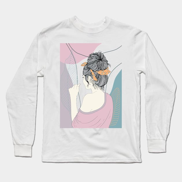 Wall Art Female Hairstyle Illustration, bohemian wall art decor, multicolored background, isolated female hand drawn sketch design Long Sleeve T-Shirt by Modern Art